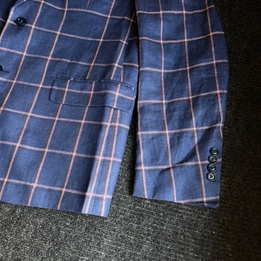 Tallia Mens 44R Blue Pink Windowpane Plaid 100% Linen Sport Coat Blazer Jacket